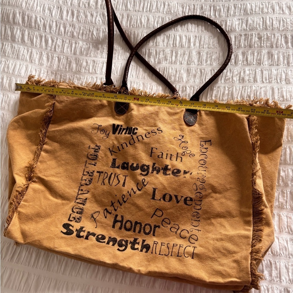 Vintage Addiction Recycled Canvas and Leather Tote Bag with Inspirational Text - Picture 3 of 7
